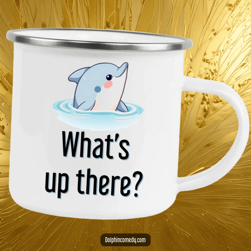 Funny Dolphin Camping Mug: A curious dolphin emerges from the ocean, ready for adventure, durable and funny gift for hikers.