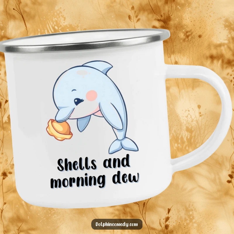 Funny Dolphin Camping Mug with a curious dolphin examining a seashell, perfect for enjoying drinks during outdoor adventures.