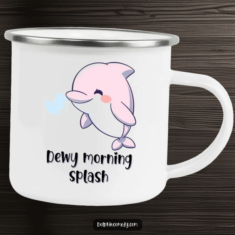Funny enamel camping mug showing a smiling dolphin blowing a water bubble, suitable for outdoor use.