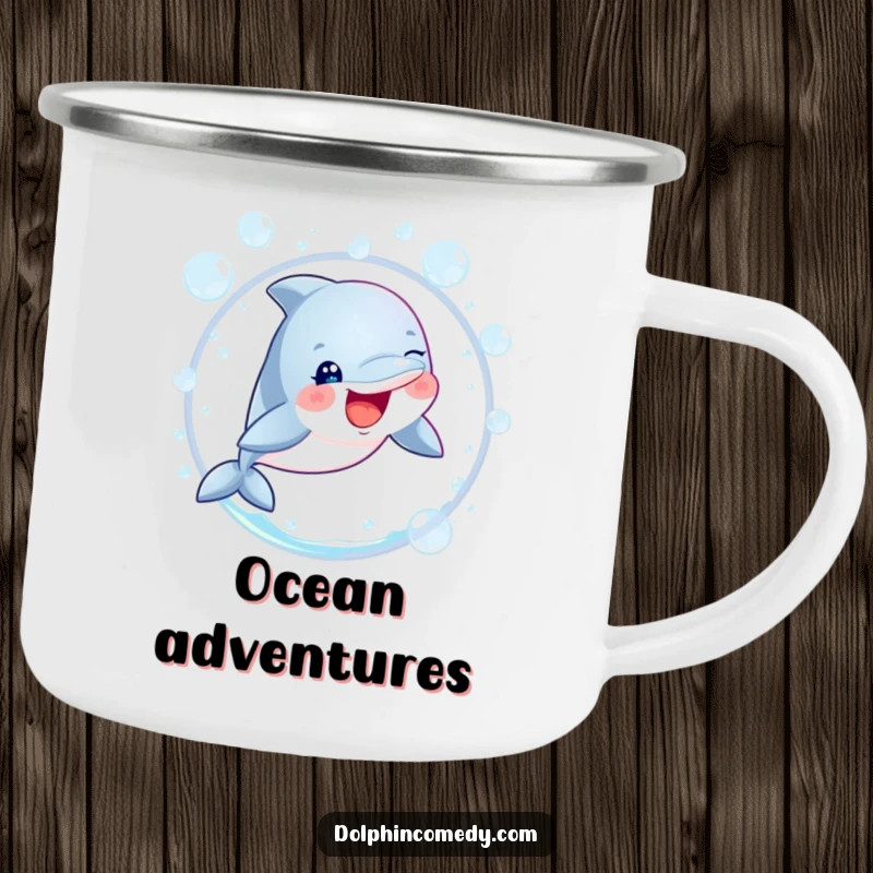 Funny dolphin with sparkling eyes leaping through a bubble hoop on a rugged camping mug, perfect for outdoor whimsy.