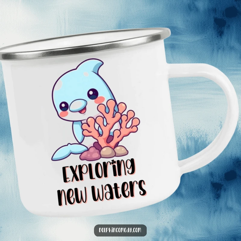 Funny enamel camping mug featuring a dolphin curiously peeking from behind coral, perfect for sipping drinks outdoors.