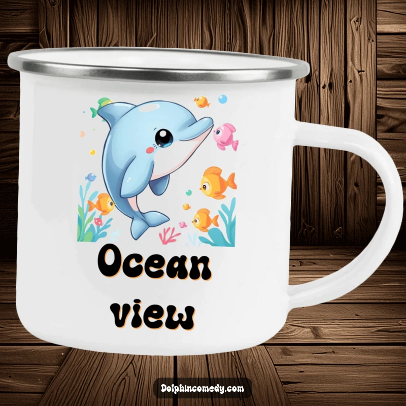 Funny Dolphin Camping Mug featuring a curious dolphin with wide eyes watching fish, perfect for outdoor drinks with a humorous, wonder-filled aquatic design.