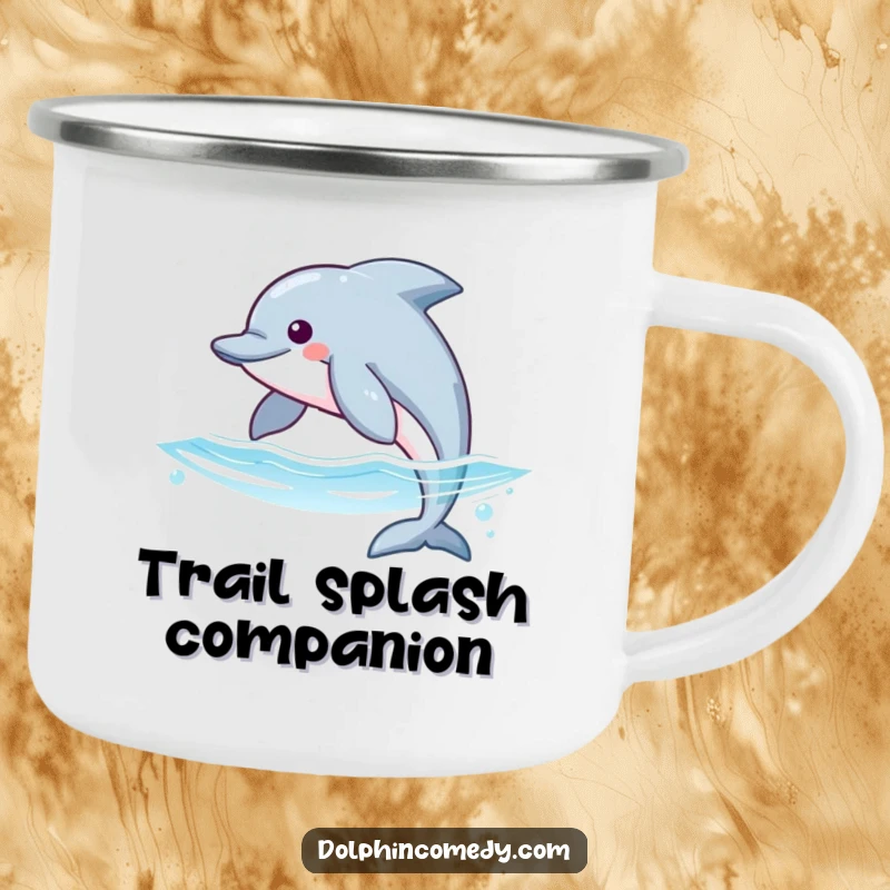 Funny camping mug featuring a dolphin with streamlined fins gliding through oceanic waves, designed for outdoor enthusiasts.