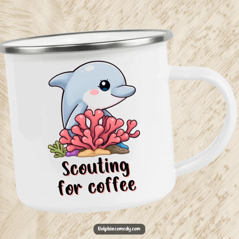 Funny enamel camping mug featuring a curious dolphin peeking from behind coral, suitable for outdoor use.