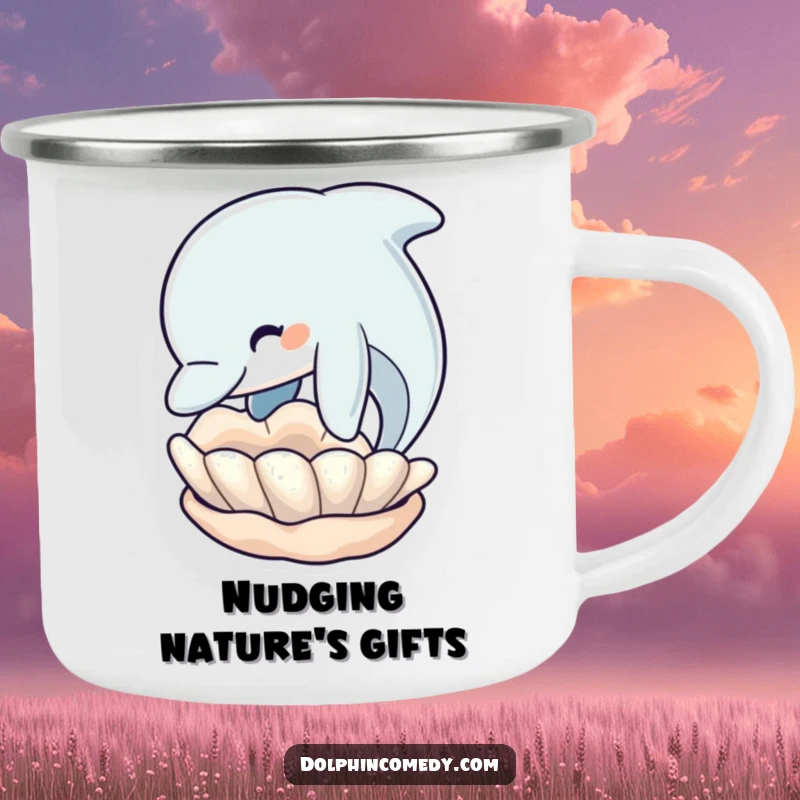 Funny Dolphin Camp Mug: Dolphin nudges a seashell, durable and humorous for outdoor use, a great funny gift.