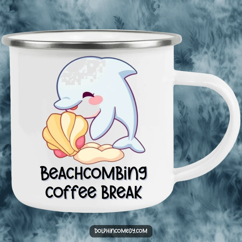 Funny camping mug featuring a dolphin playfully nudging a colorful seashell, perfect for bringing ocean cheer to outdoor trips.