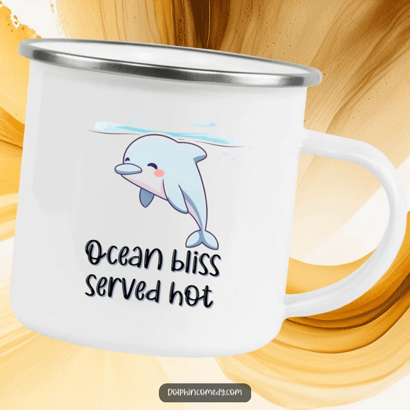 Funny dolphin camping mug showing a contented dolphin sighing peacefully while gliding underwater, perfect for durable and humorous outdoor use.