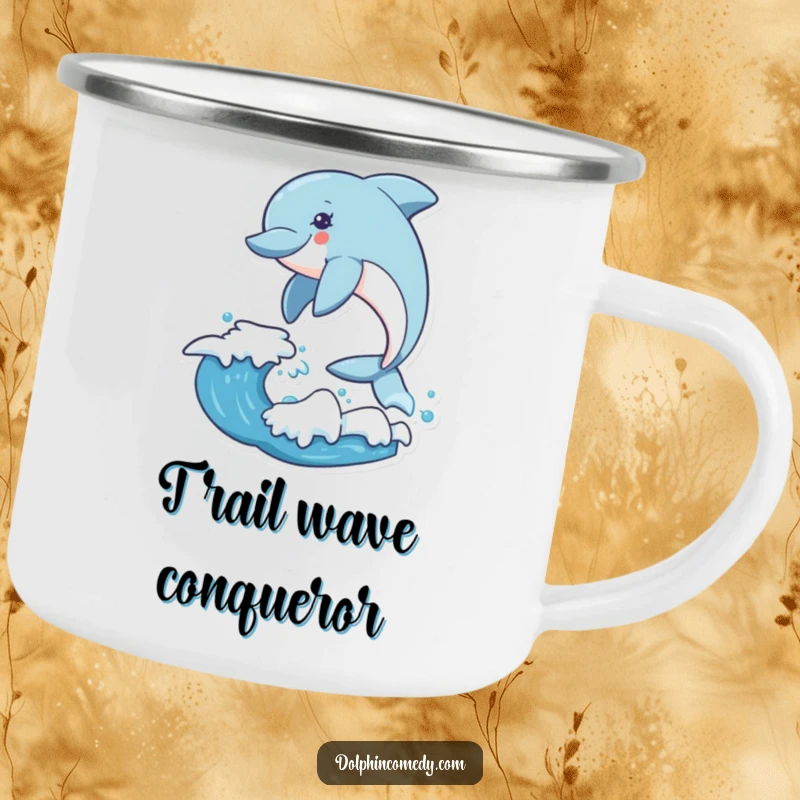 Funny dolphin camping mug showing an excited dolphin leaping over a wave, designed for outdoor adventures.
