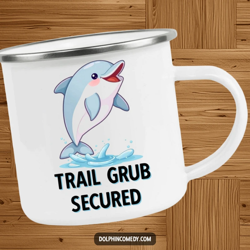 Funny Dolphin Camping Mug: An excited dolphin leaps catching a fish, ready for adventure, durable and funny gift for hikers.