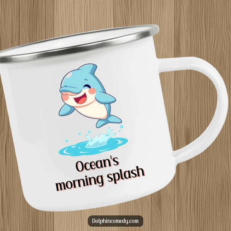 Funny Dolphin Camping Mug showing a joyful dolphin leaping from water, perfect for outdoor use.