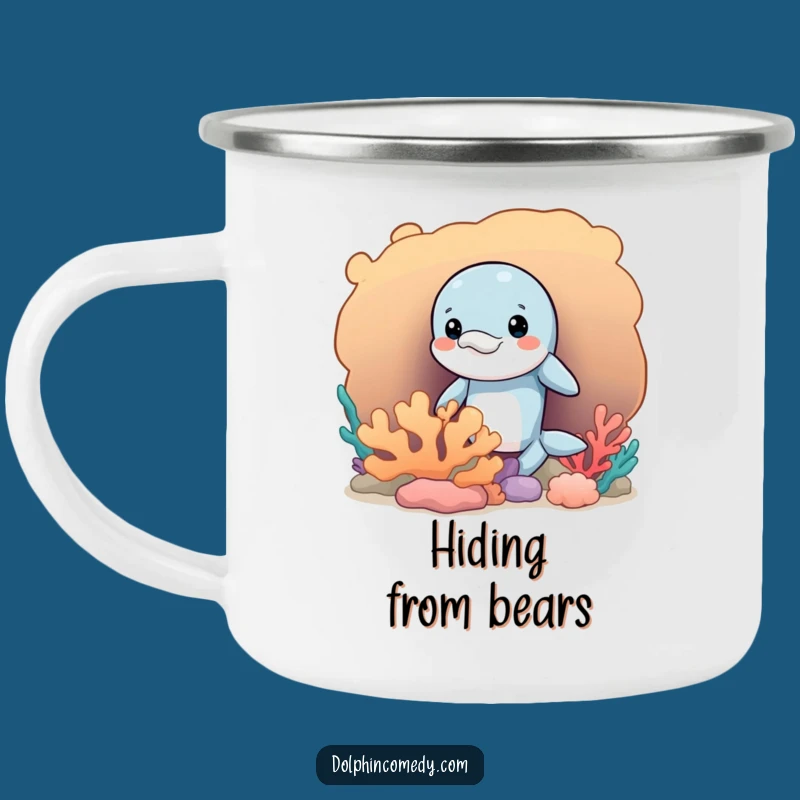 Funny Mischievous Dolphin Camping Mug, Peeking Adventure, Coral Hideout