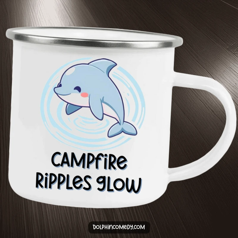 Funny playful dolphin camping mug depicting a dolphin swimming in a circle, creating ripples, perfect for outdoor drinks.