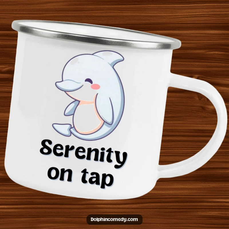 Funny Camping Mug: A happy dolphin with a gentle curve, looking peaceful and serene. Rugged and humorous for outdoor enthusiasts.