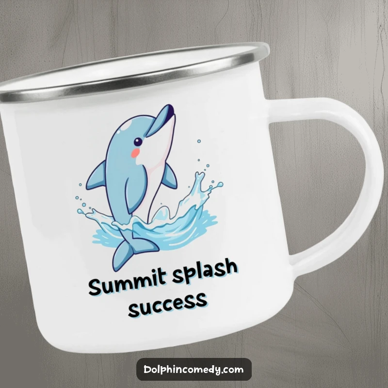 Funny enamel camping mug showing a dolphin's triumphant flip and water splash, built for durability and celebration.