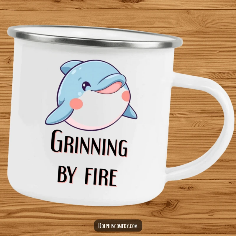 Funny camping mug with a happy dolphin displaying a wide, infectious smile, bringing joy to outdoor excursions.