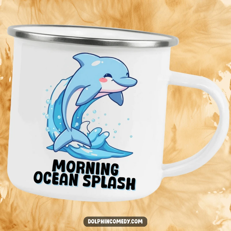 Funny dolphin in mid-leap from a sparkling blue wave, an enamel camping mug for joyful outdoor experiences.