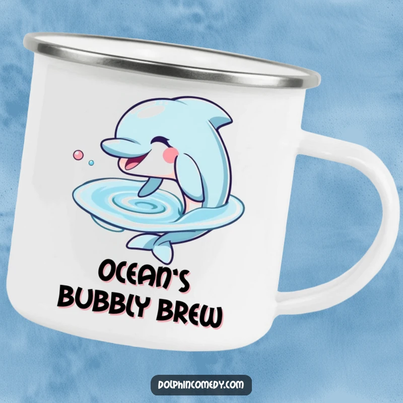 Funny Dolphin Camping Mug with a grinning dolphin blowing a water ring, perfect for enjoying drinks outdoors with humor.