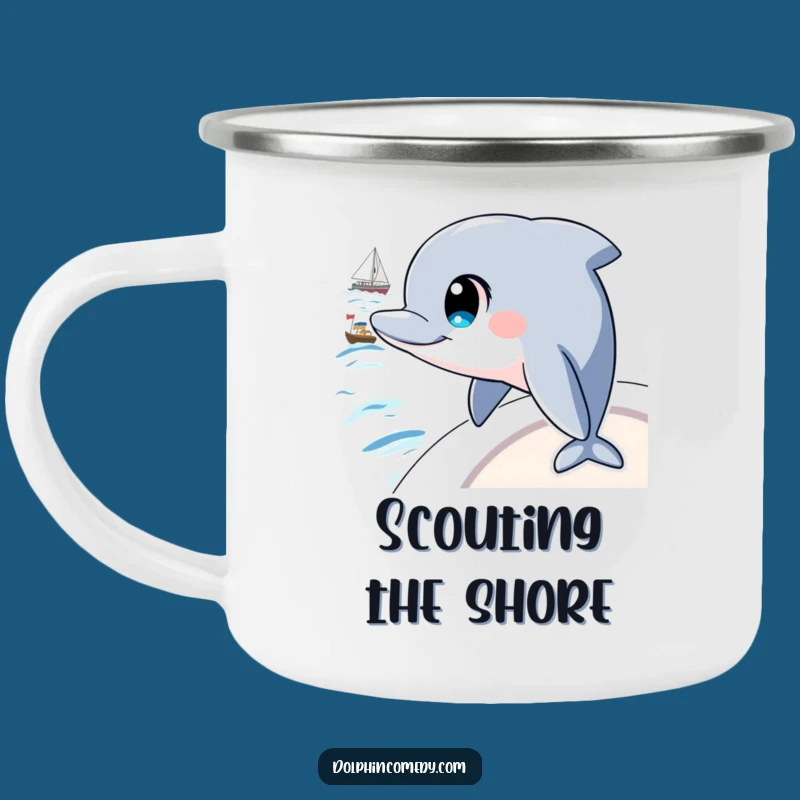 Funny Curious Dolphin Camping Mug: Watchful Adventures, Perfect Gift for Outdoors