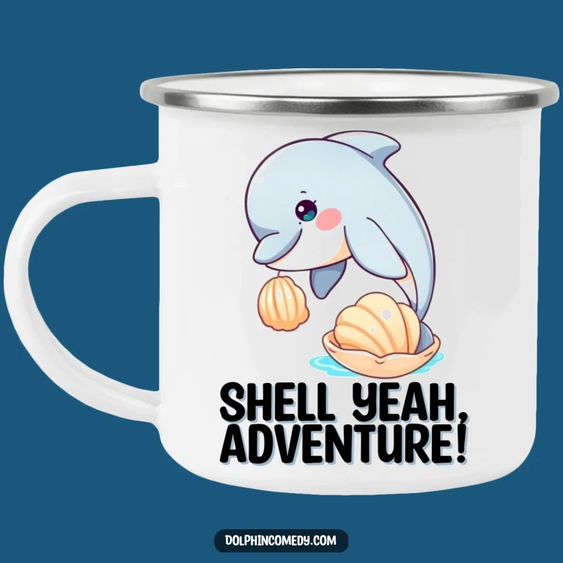 Funny Curious Dolphin Seashell Camping Mug - Durable Humorous Outdoor Gear