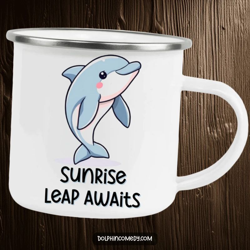 Funny Dolphin Camping Mug: An alert dolphin poised for a jump, perfect for outdoor adventures and adding humor to your camp gear.