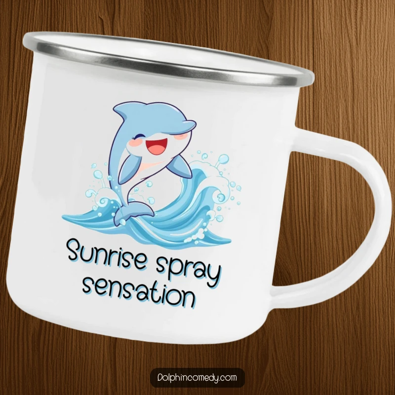 Funny enamel camping mug featuring a joyful dolphin leaping from a sparkling wave, perfect for outdoor enthusiasts.