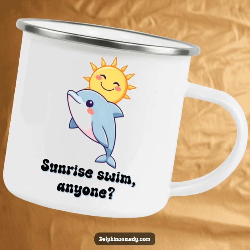 Funny camping mug showing a curious dolphin looking up at a smiling sun, ready for outdoor escapades.