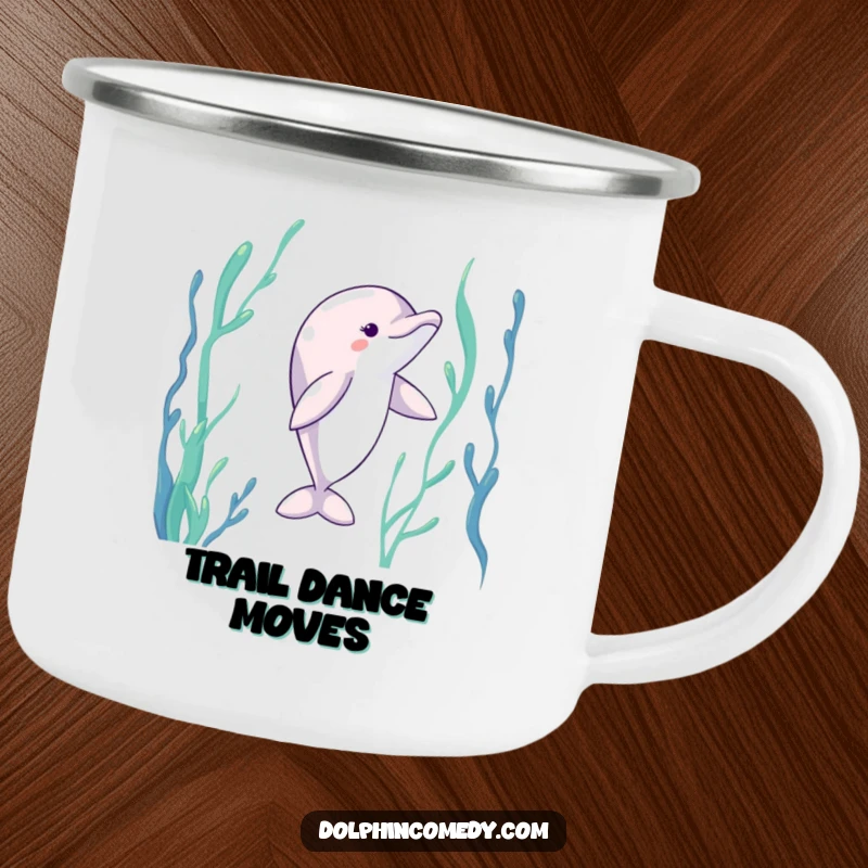 Funny Dolphin Camping Mug: A dolphin dancing through kelp, ready for adventures with oceanic grace and humor.
