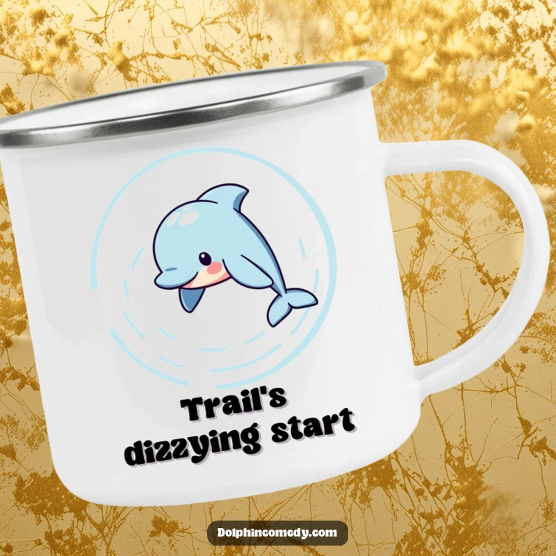 Funny Enamel Camping Mug featuring a playful dolphin creating water ripples as it swims, durable for outdoor use, an excellent funny gift.