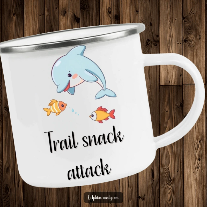 Funny Dolphin Camping Mug featuring a dolphin playfully chasing a small fish, ideal for outdoor adventurers.