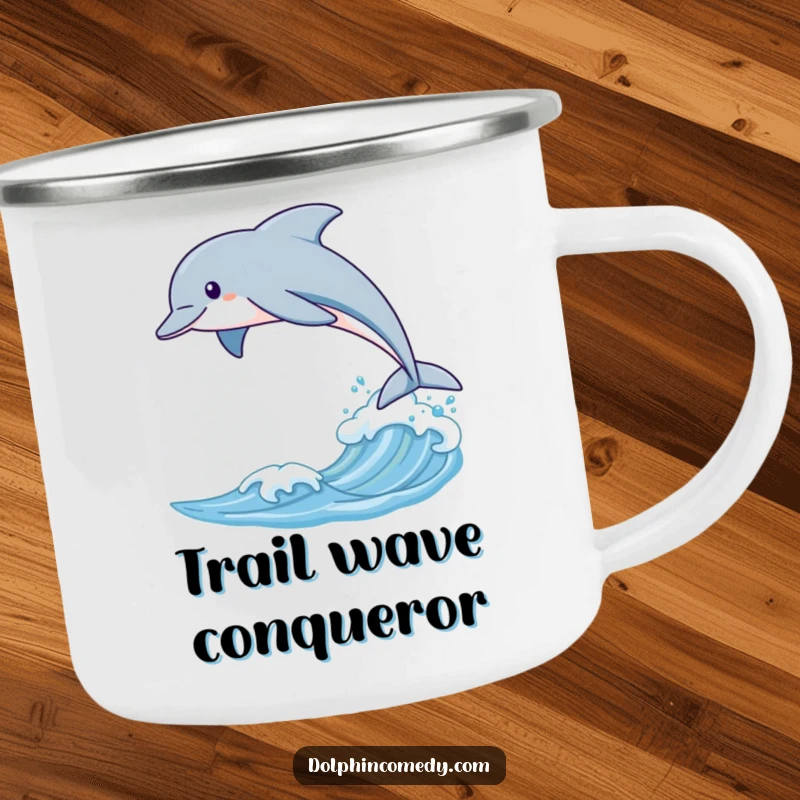 Funny camping mug with a sleek dolphin leaping over a gentle wave, ready for outdoor adventures.