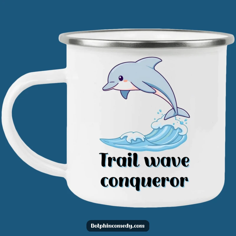 Funny Dolphin Leaping Camping Mug, Sleek Wave Adventure, Ocean Outdoors