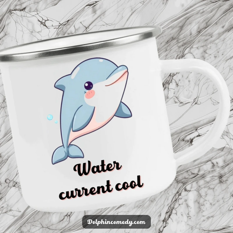 Funny Dolphin Camping Mug featuring a content dolphin gliding through water, perfect for outdoor drinks with a humorous, serene aquatic design.