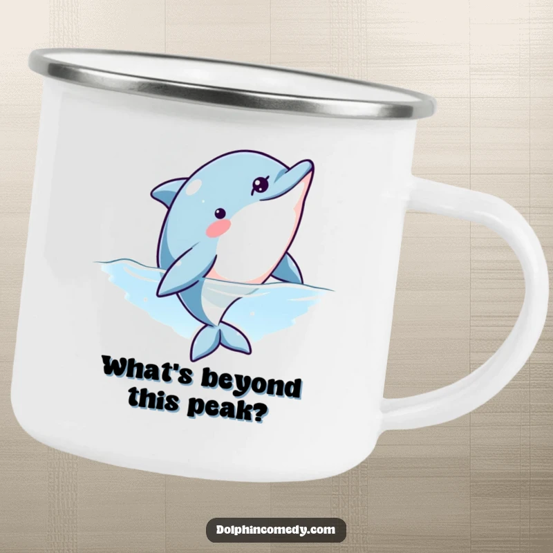 Funny enamel camping mug with a curious dolphin looking upwards, perfect for sipping beverages during outdoor escapades.