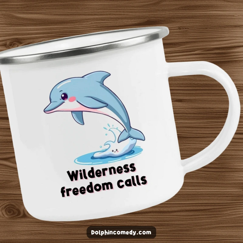Funny Camping Mug: A sleek dolphin breaching, symbolizing freedom and power. Rugged and humorous for outdoor enthusiasts.