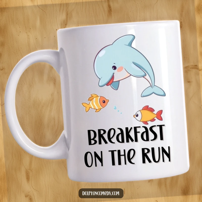Funny Dolphin Mug showing a dolphin playfully chasing a small fish, a dynamic and humorous ocean illustration.