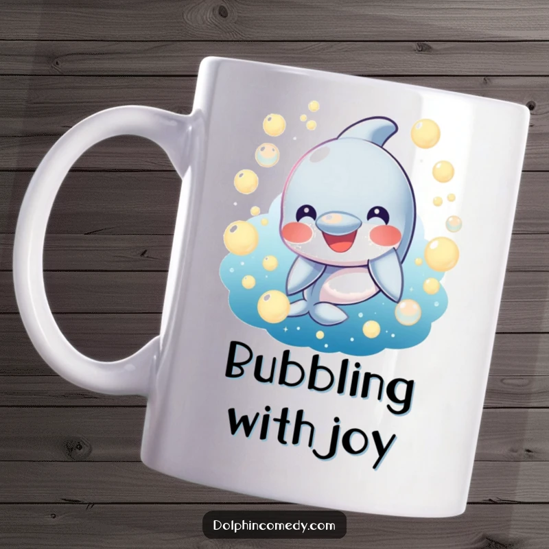 Funny Mug: A smiling dolphin amidst glowing ocean bubbles, radiating happiness and joy. Humorous gift for dolphin lovers.