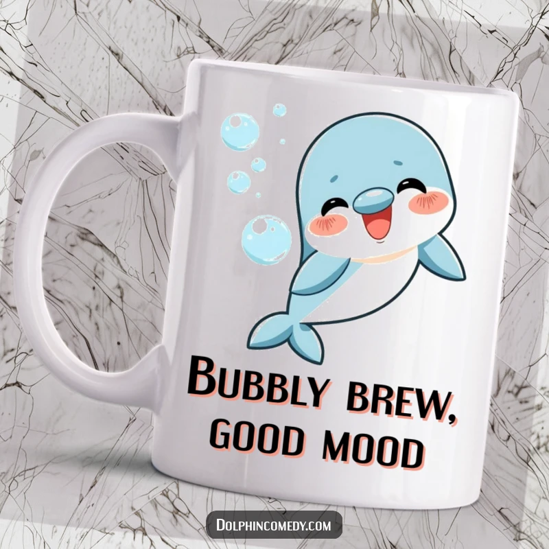 Funny happy dolphin mug, blowing a perfect bubble ring, cheerful ocean creature, ideal gift for joy seekers.