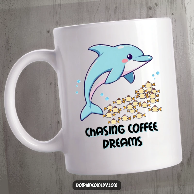 Funny Mug: A playful dolphin chases a school of small fish through the water in a humorous aquatic scene.