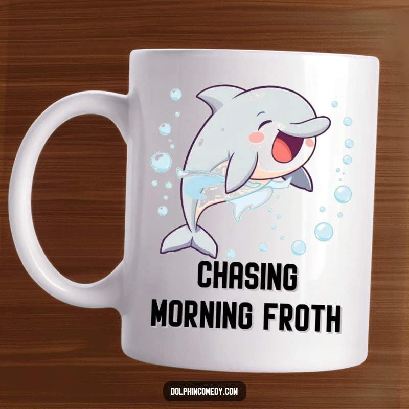 Funny mug depicting a delighted dolphin excitedly chasing a stream of bubbles, full of playful energy.