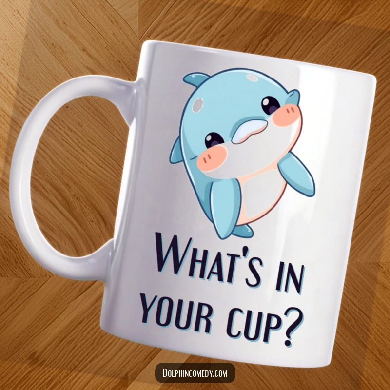 Funny Ceramic Mug featuring a curious dolphin character tilting its head, looking directly at the viewer with playful interest, a great funny gift.
