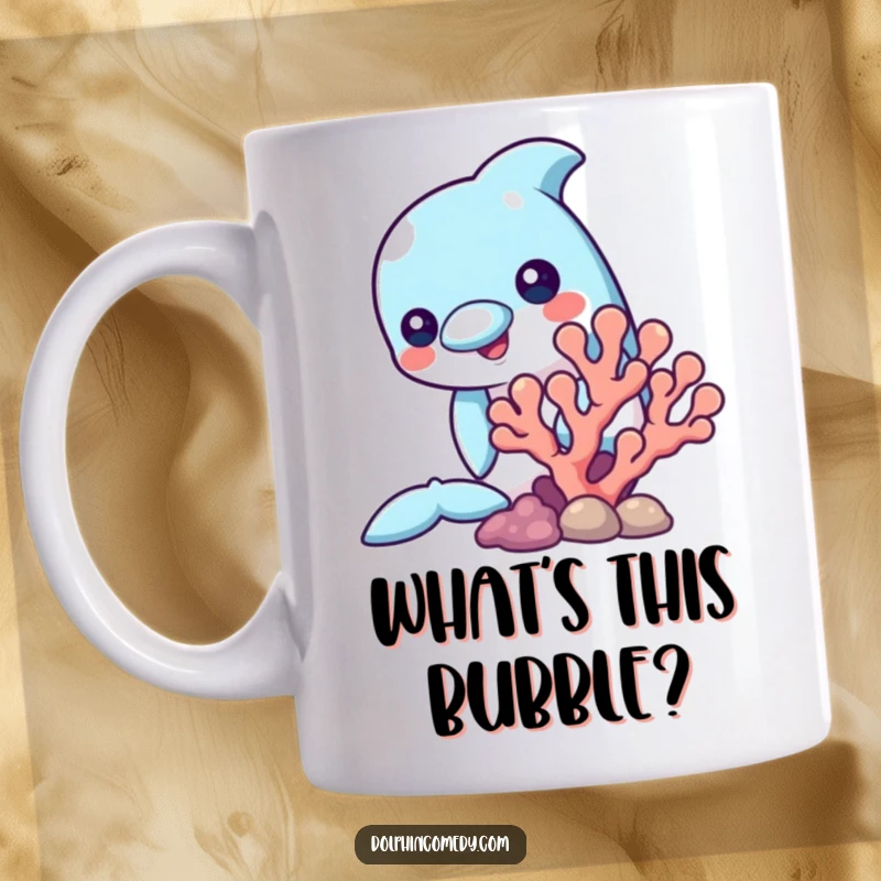 Funny mug showcasing a dolphin curiously peeking from behind a colorful coral formation, inviting interaction and wonder.