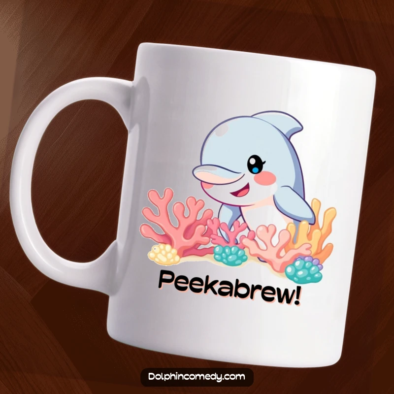 Funny dolphin with a wide, innocent smile peeking playfully from behind a colorful, intricate coral reef structure.