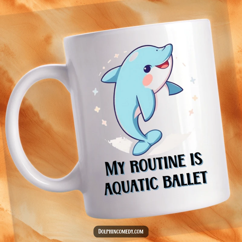 Funny mug showing a joyful dolphin spinning playfully in a circle, capturing pure happiness and a love for the sea.