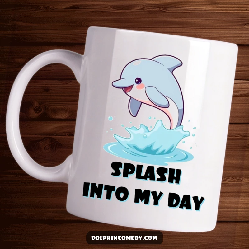 Funny dolphin mug showing a happy dolphin leaping high out of the water with a big splash, embodying pure oceanic delight.