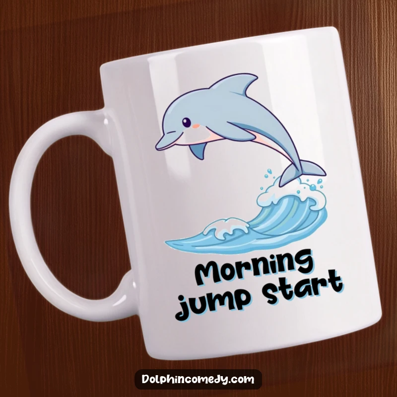 Funny mug depicting a sleek dolphin gracefully leaping over a gentle ocean wave, symbolizing freedom and joy.