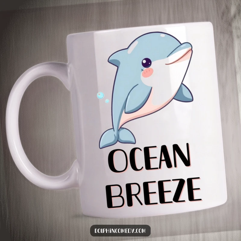 Funny Dolphin Mug featuring a content dolphin gliding gracefully through the water, radiating peace and underwater serenity.
