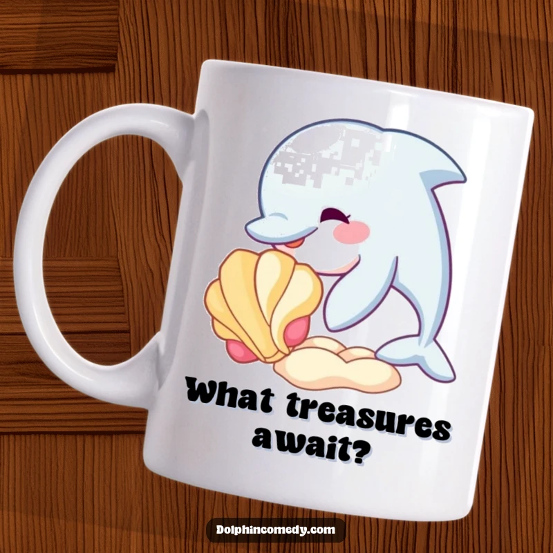 Funny mug showing a happy dolphin playfully nudging a vibrant seashell, capturing a moment of gentle ocean curiosity.