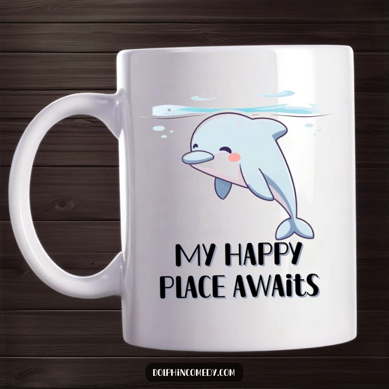 Funny dolphin mug showing a contented dolphin sighing peacefully while gliding gracefully underwater in a calm, blue ocean.