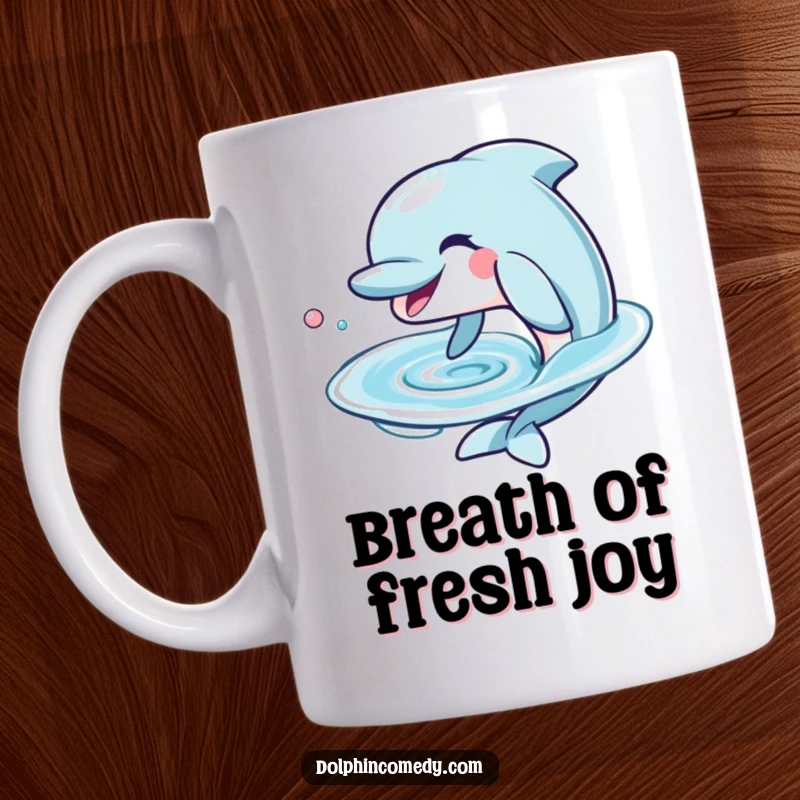 Funny Dolphin Mug blowing a perfect water ring with a playful, wide grin, bringing ocean joy to your day.