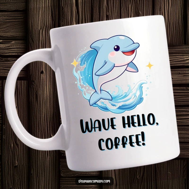 Funny Dolphin Mug: A joyful cartoon dolphin leaping through a sparkling ocean wave, embodying pure aquatic delight.